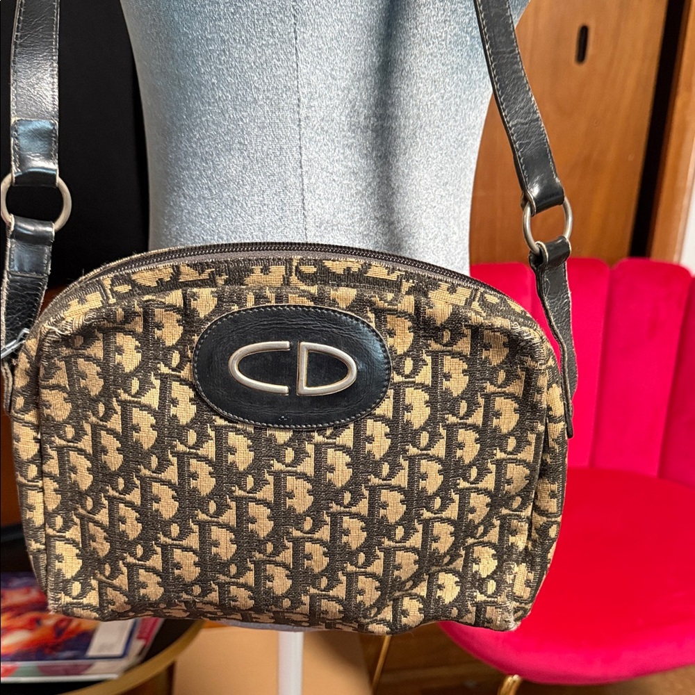 Vintage Dior Trotter Beige and Black Monogram Shoulder Bag